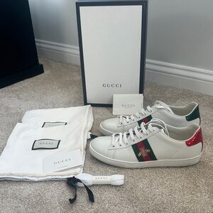 Gucci Ace Bee Sneakers with Green & Red Stripe and Metallic Heels Size 38.5